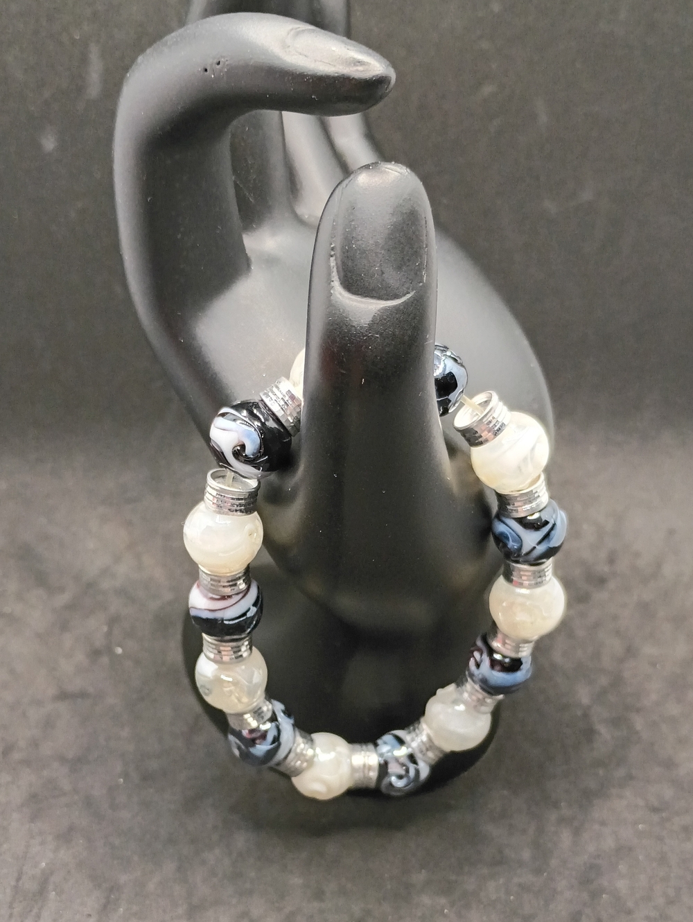 Black and White Beaded Stretch Bracelet with Silver Accents